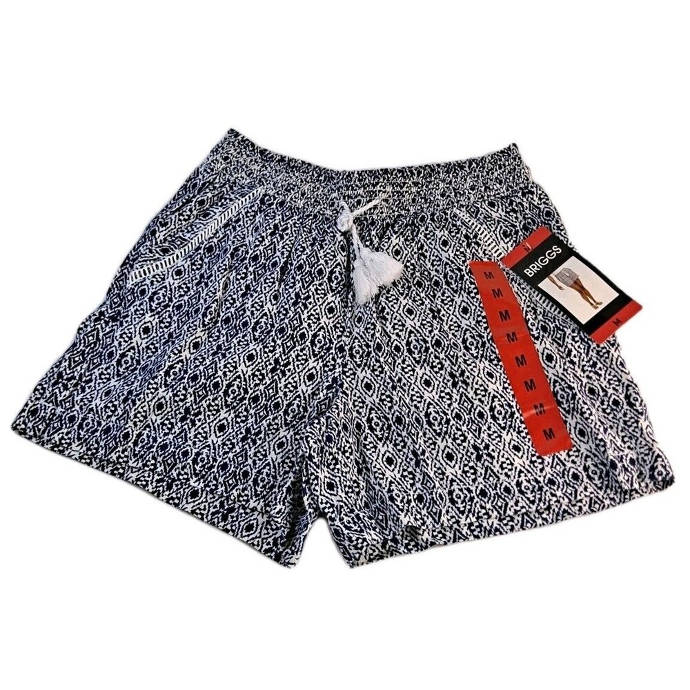 Briggs Women's Sz M Blue Print Linen Blend Pull-On Shorts with Pockets